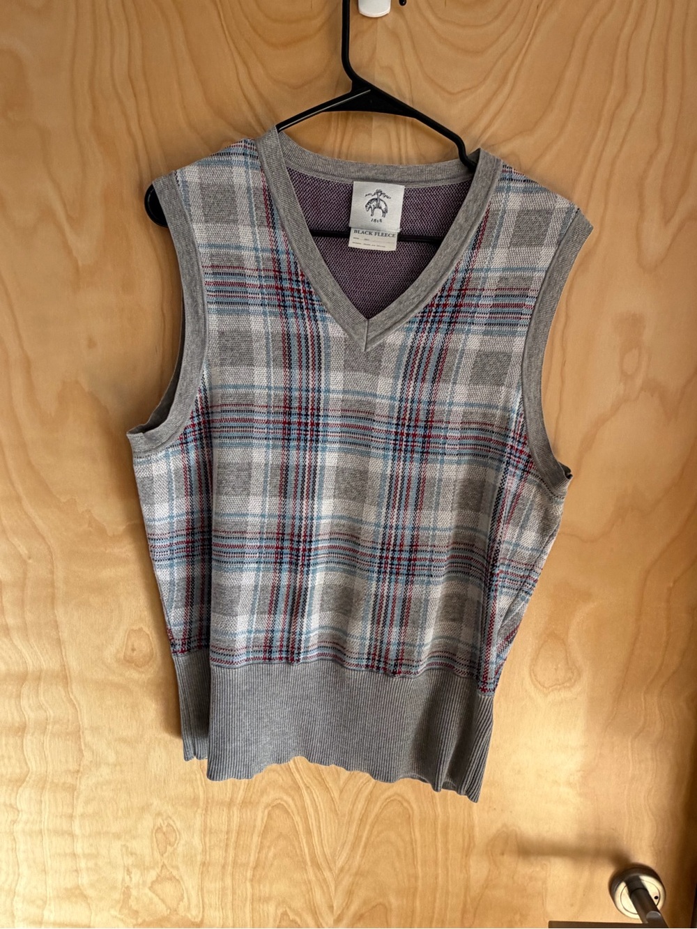 Ralph Lauren Black Label Gray Plaid V-Neck Sweater Vest with Blue & Red Accents